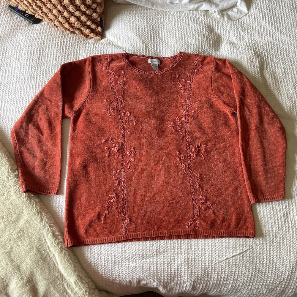 Vintage Littleton coral embroidered floral sweater